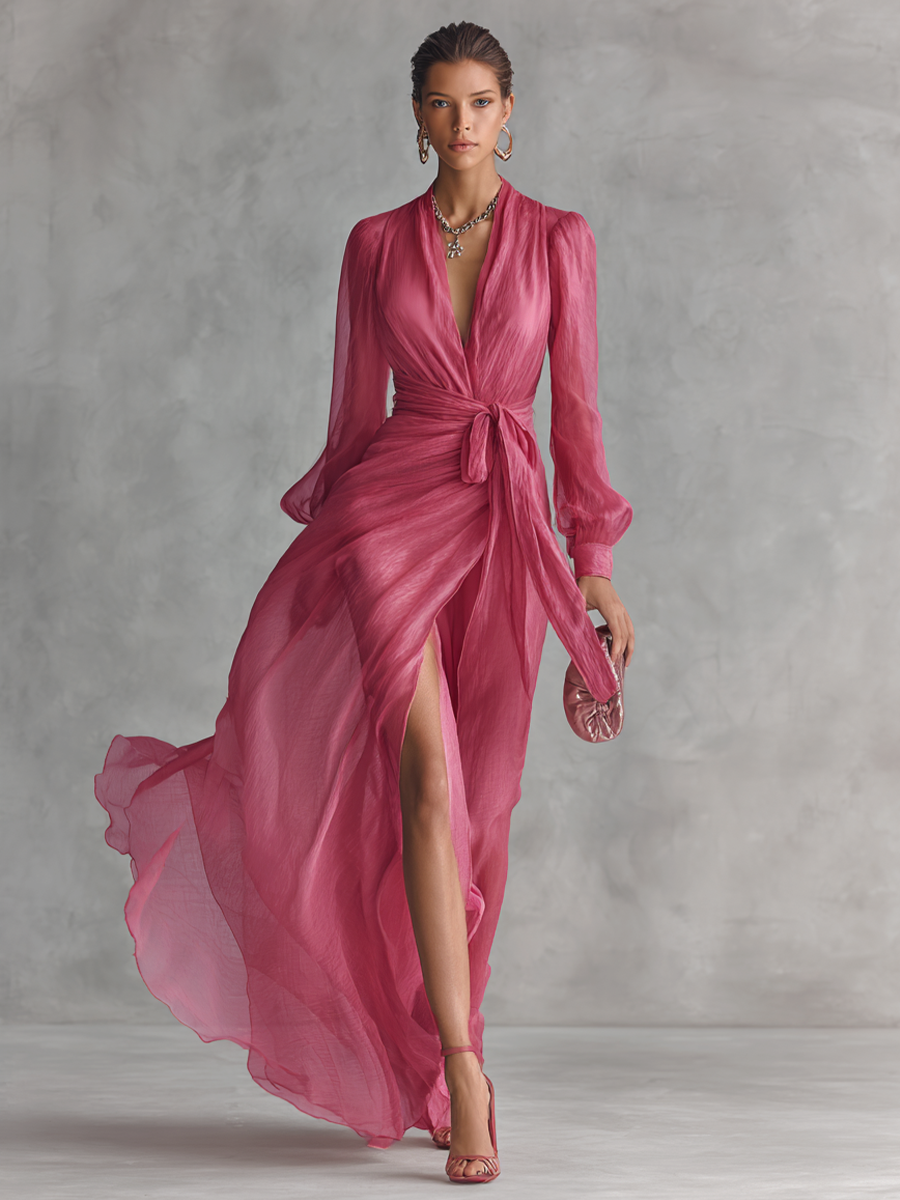 Riva™ | Roze chiffonjurk met V-hals