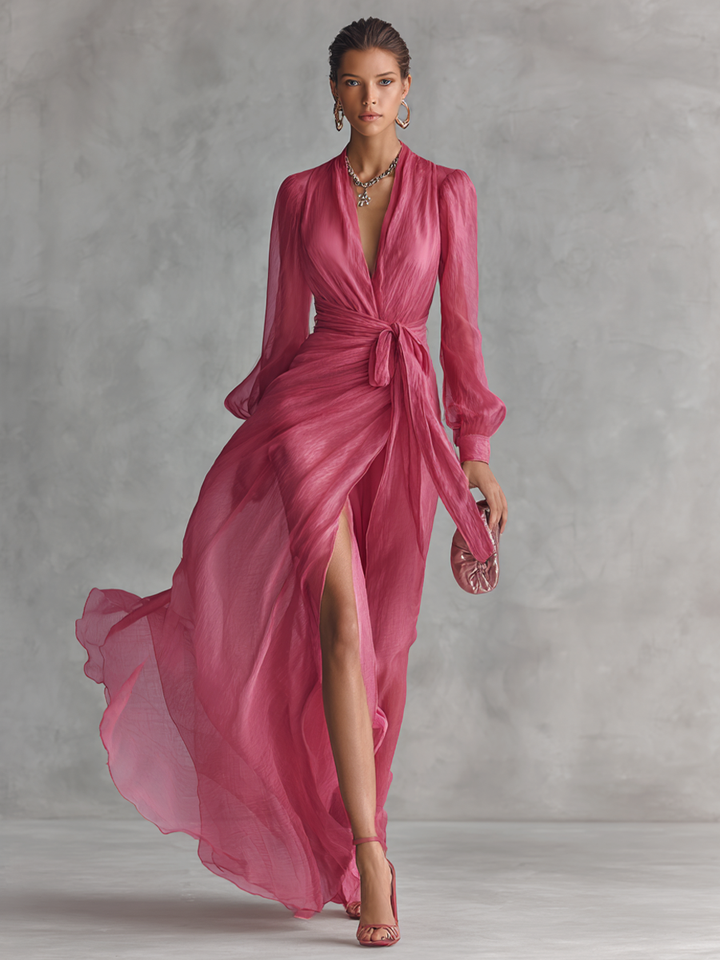 Riva™ | Roze chiffonjurk met V-hals