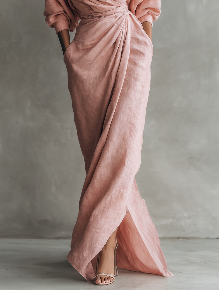 Roze linnen maxi-jurk met V-hals