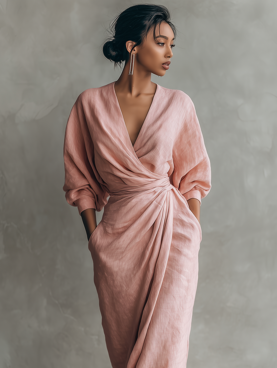 Roze linnen maxi-jurk met V-hals