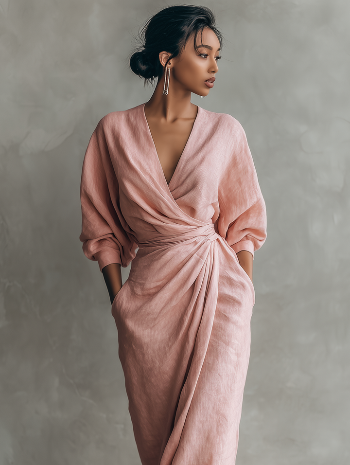 Roze linnen maxi-jurk met V-hals