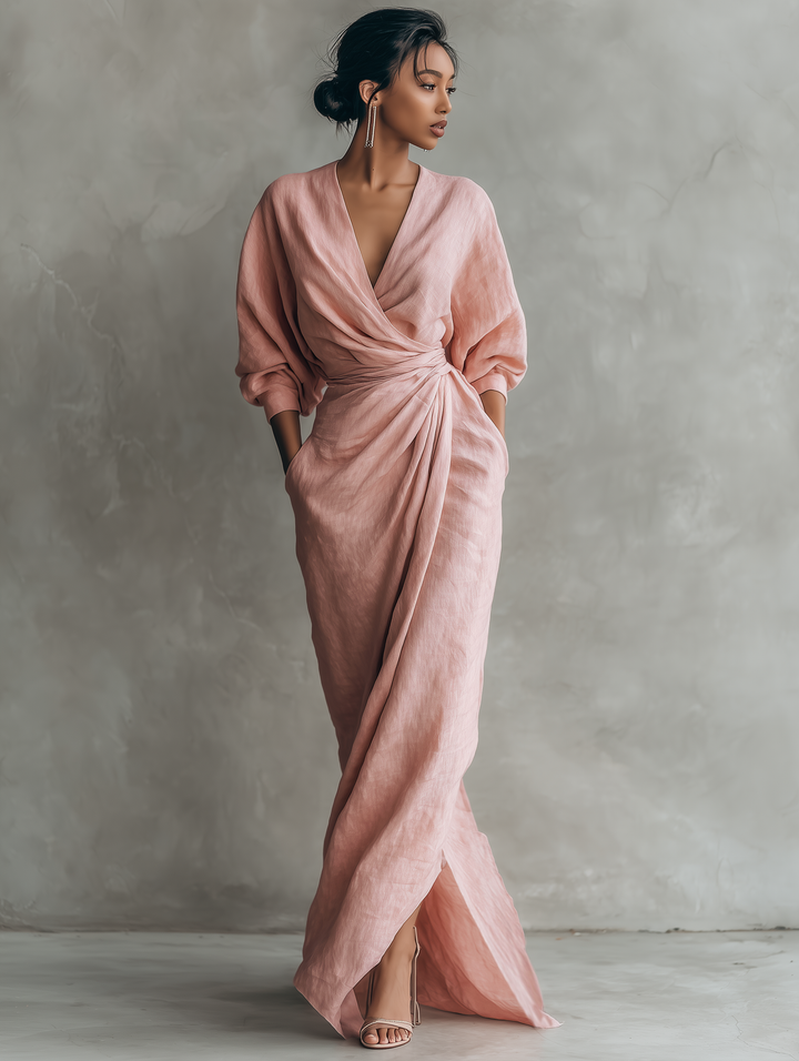 Roze linnen maxi-jurk met V-hals