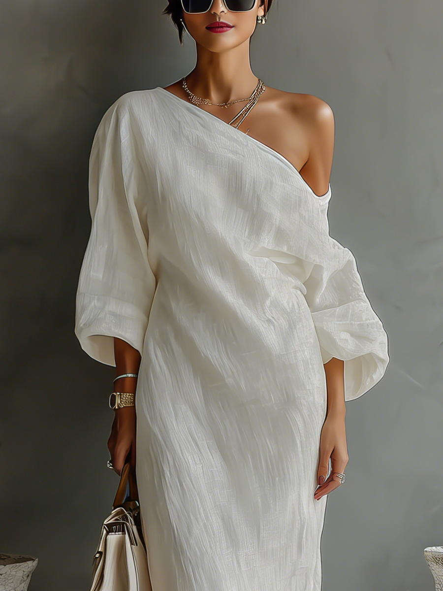 Lara™ | Off-Shoulder Linnen Jurk in Ivoor