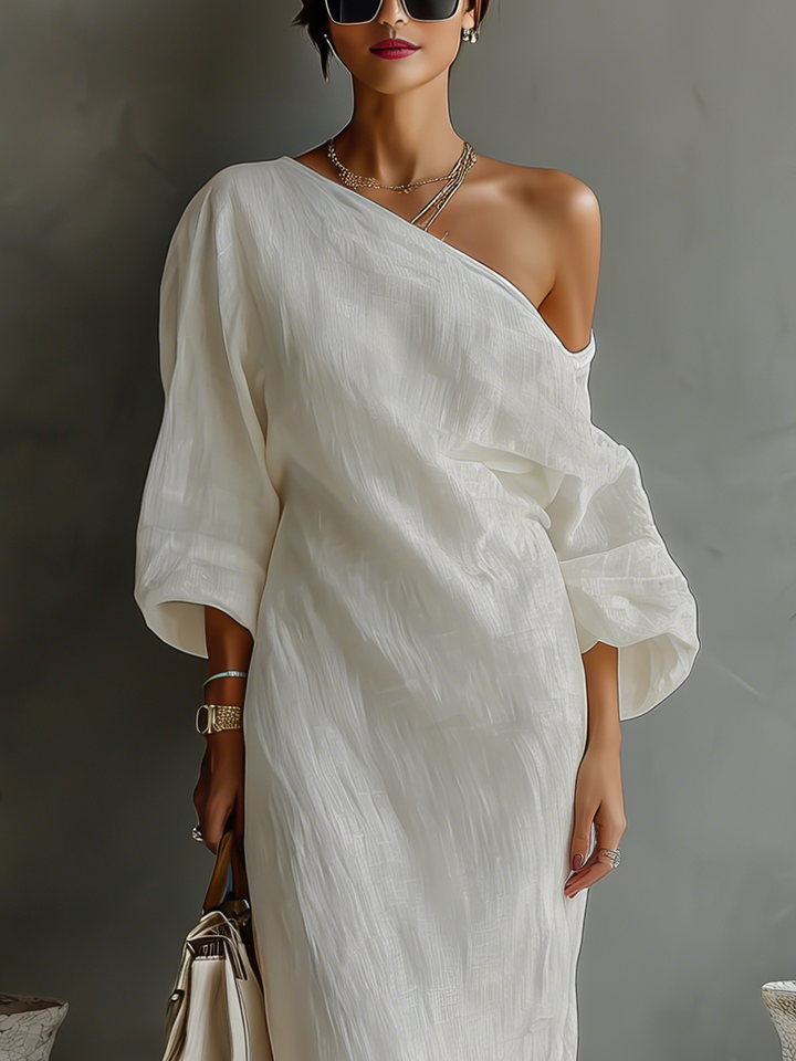 Lara™ | Off-Shoulder Linnen Jurk in Ivoor