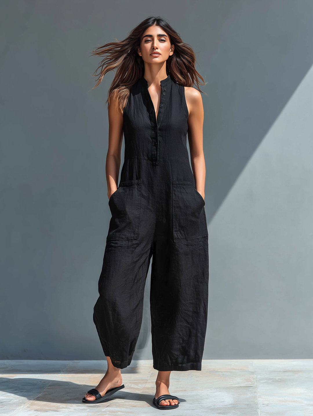 Mouwloze linnen jumpsuit
