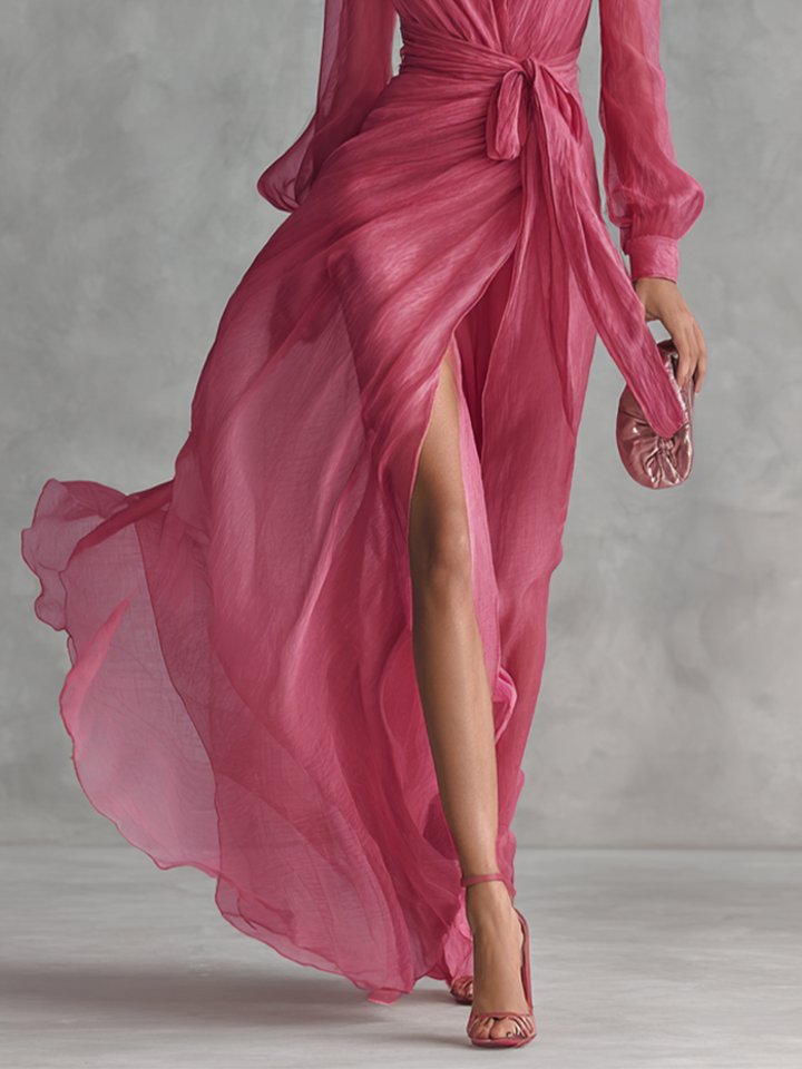 Riva™ | Roze chiffonjurk met V-hals