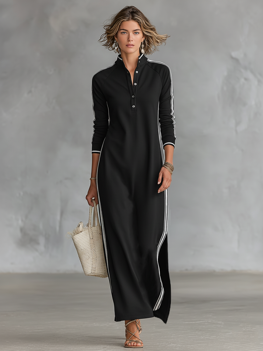 Lora™ | Lange sweatjurk met knoopdetail en kraag