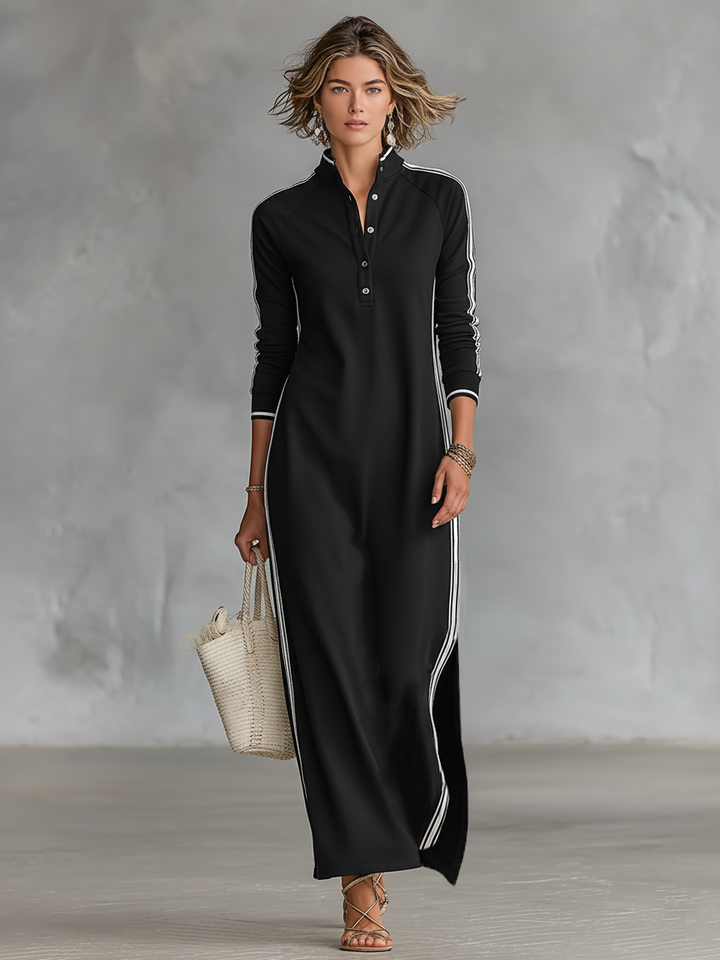 Lora™ | Lange sweatjurk met knoopdetail en kraag