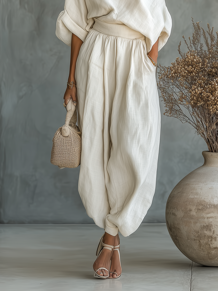 Tessa™ | Off-Shoulder Linnen Set met Tapered Broek