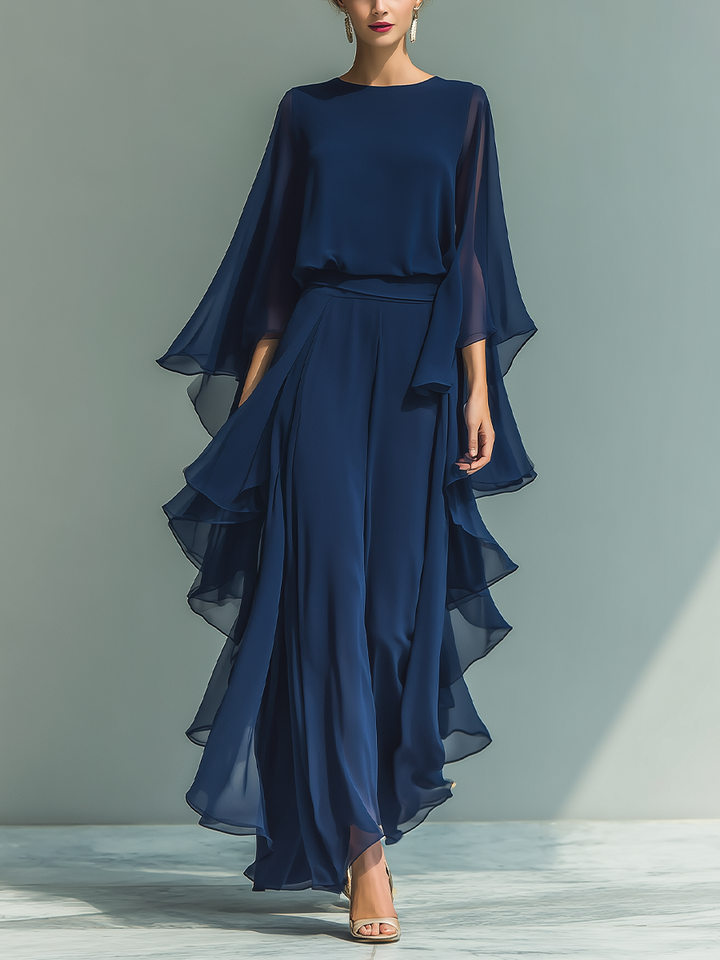 Sera™ | Marineblauwe Chiffon Set met Ruches