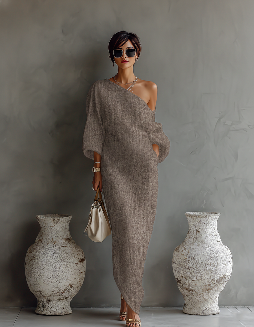 Lara™ | Off-Shoulder Linnen Jurk in Ivoor