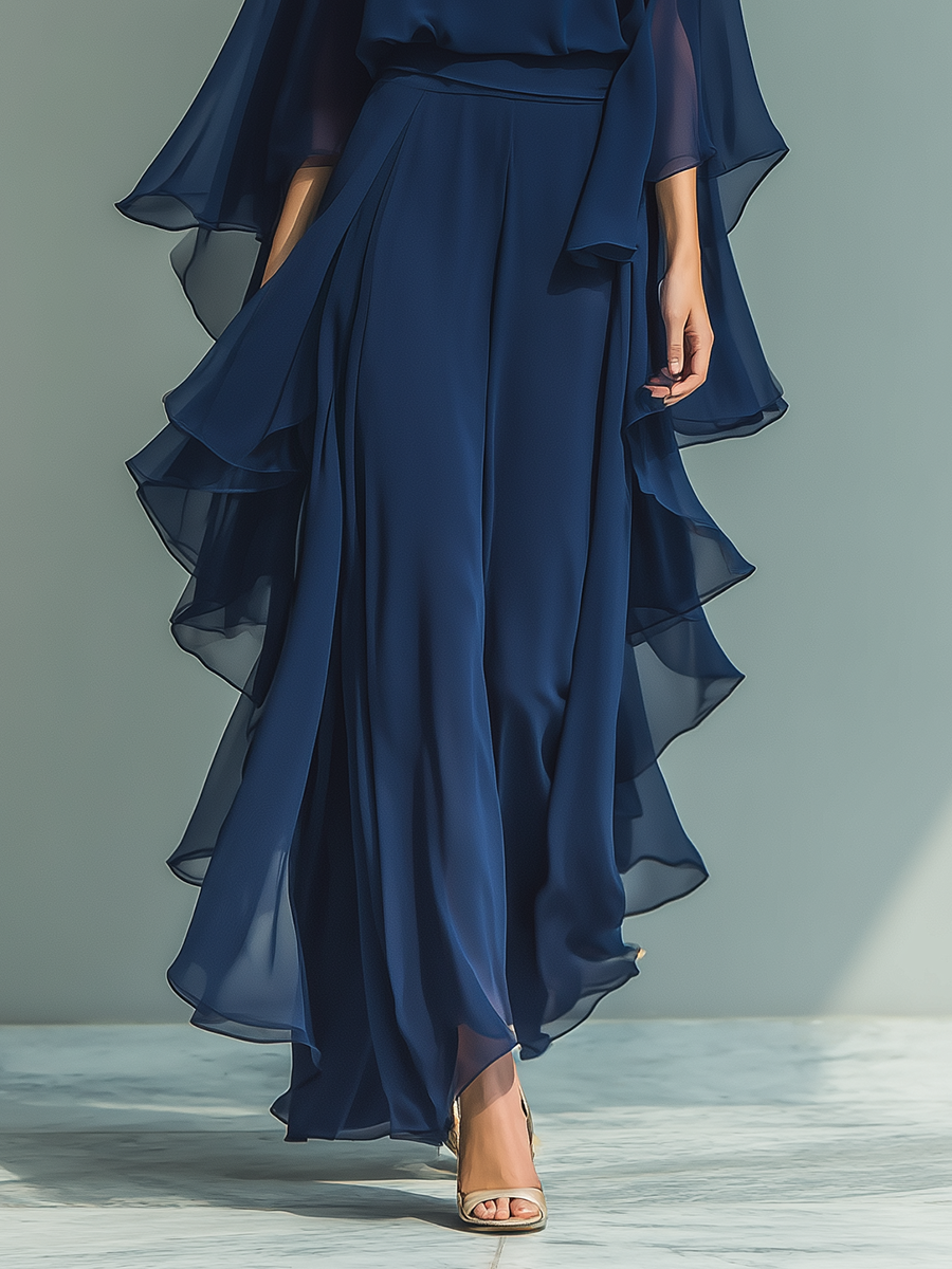 Sera™ | Marineblauwe Chiffon Set met Ruches