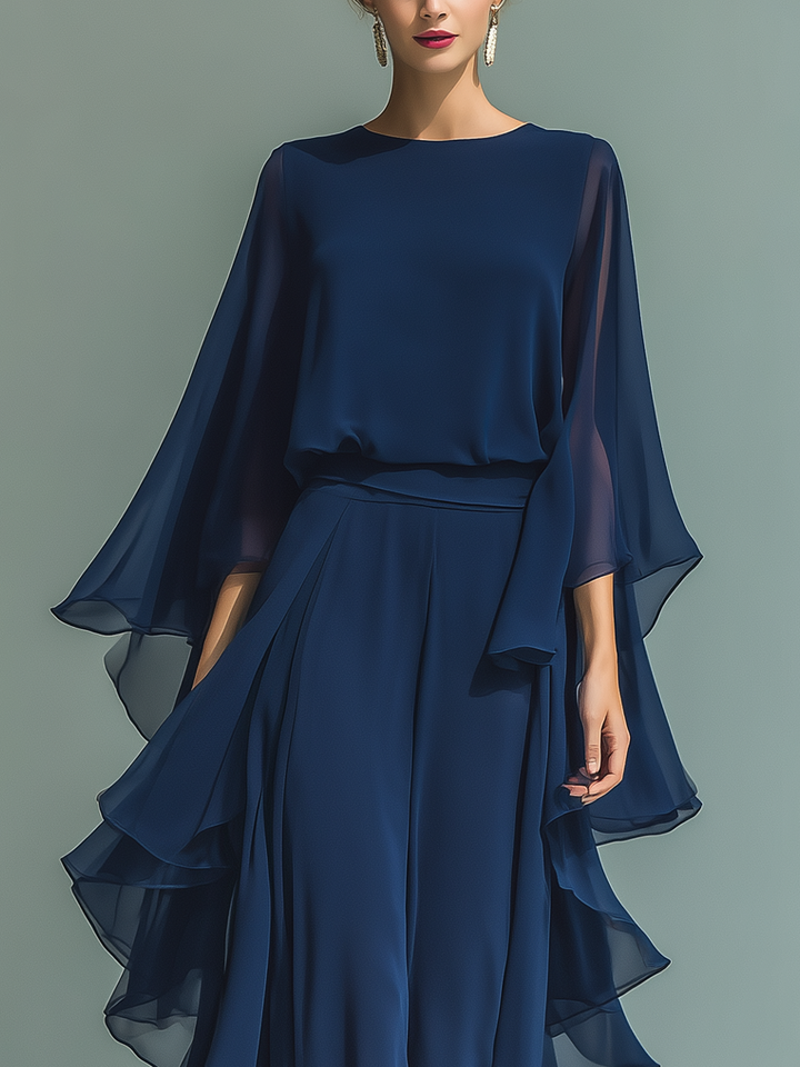 Sera™ | Marineblauwe Chiffon Set met Ruches