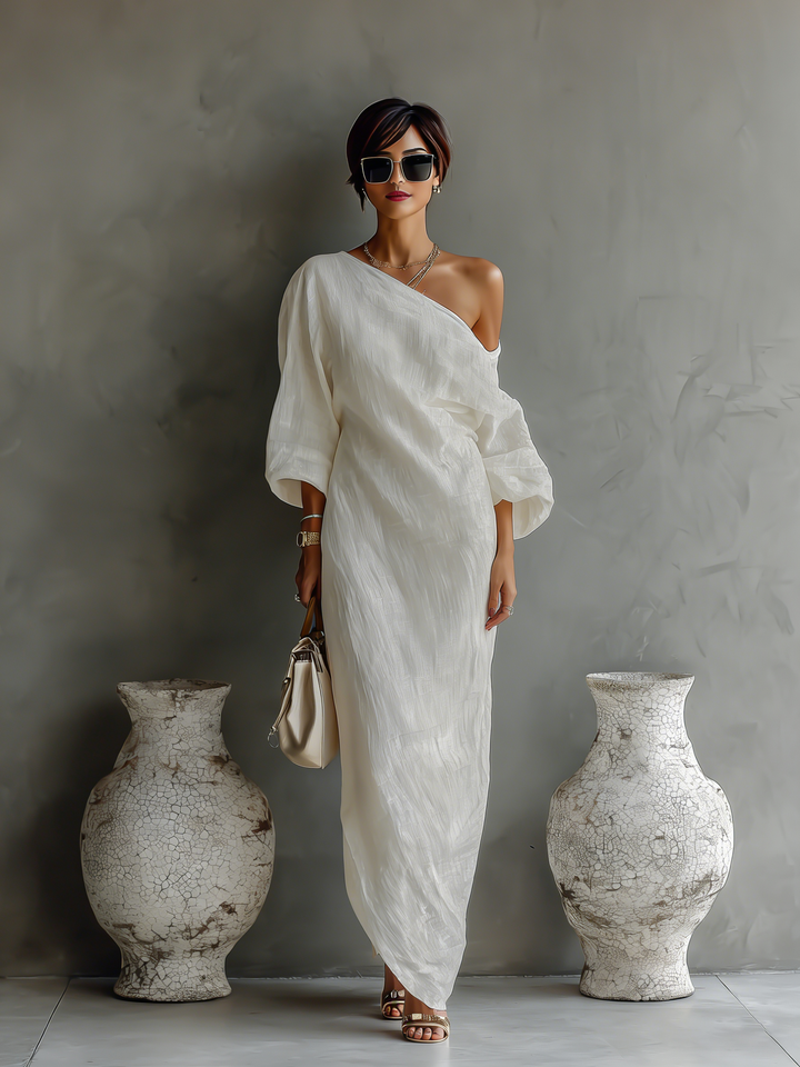 Lara™ | Off-Shoulder Linnen Jurk in Ivoor