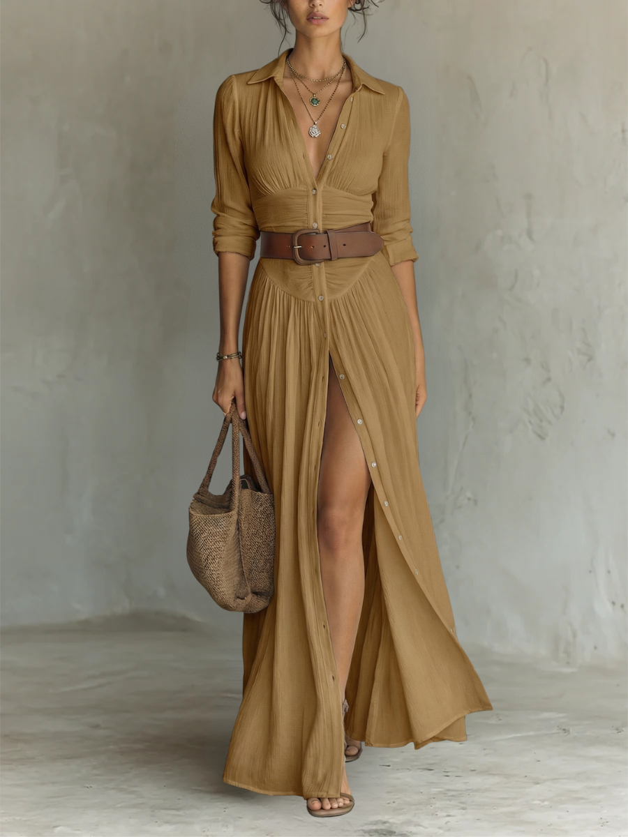 Elegante Maxi Overhemdjurk met Knoopsluiting e lange mouwenElise |