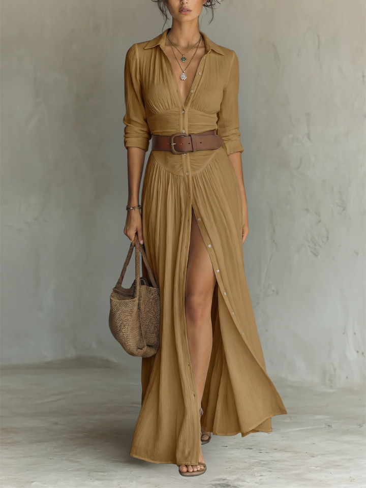 Elegante Maxi Overhemdjurk met Knoopsluiting e lange mouwenElise |