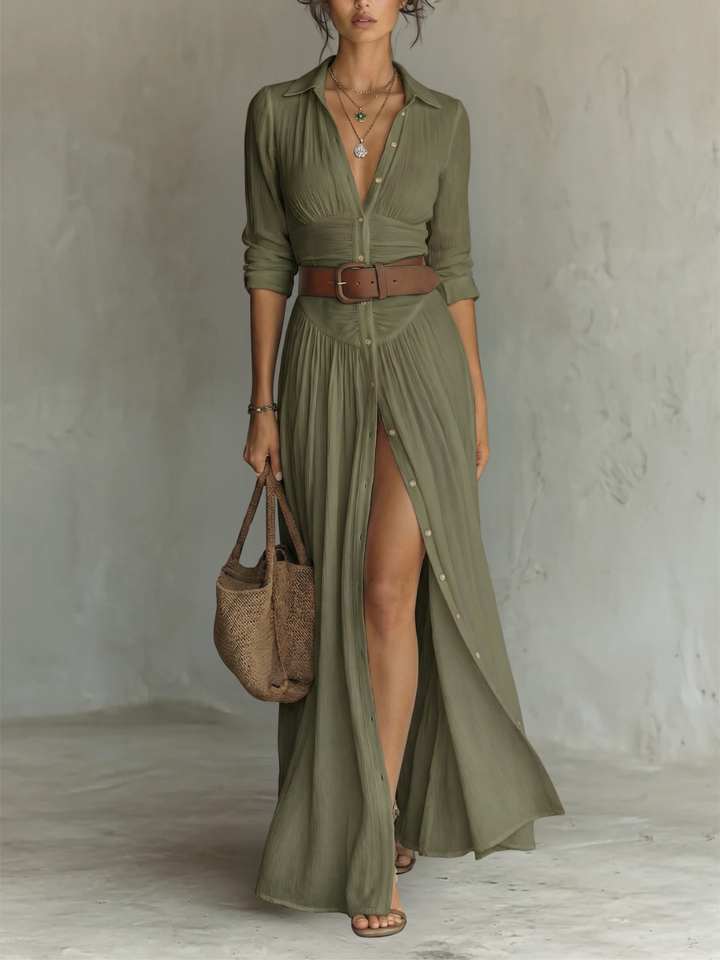 Elegante Maxi Overhemdjurk met Knoopsluiting e lange mouwenElise |