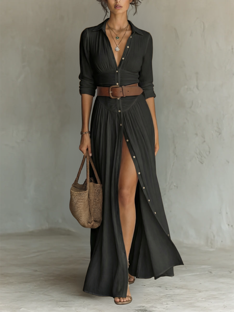 Elegante Maxi Overhemdjurk met Knoopsluiting e lange mouwenElise |