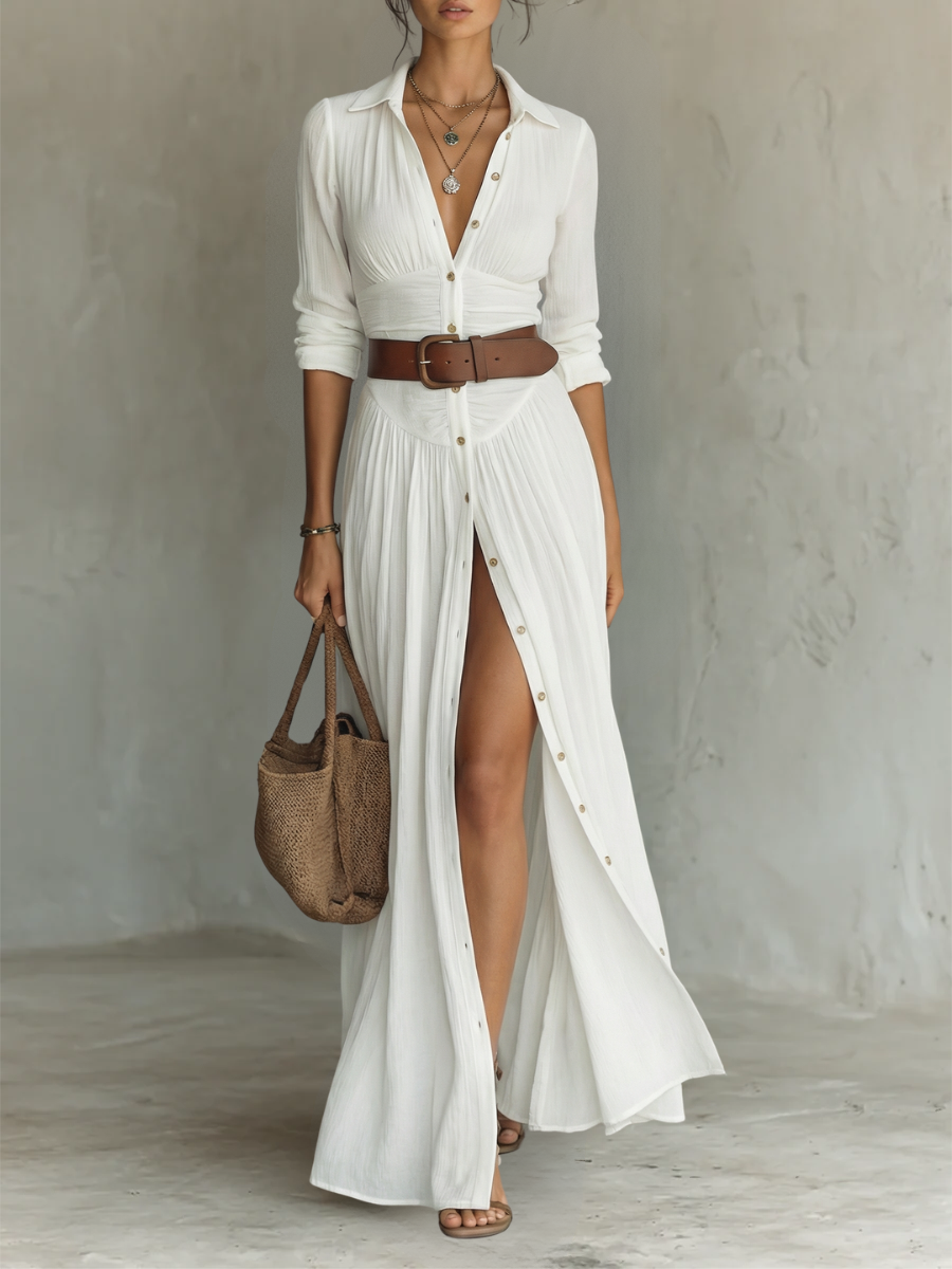 Elegante Maxi Overhemdjurk met Knoopsluiting e lange mouwenElise |