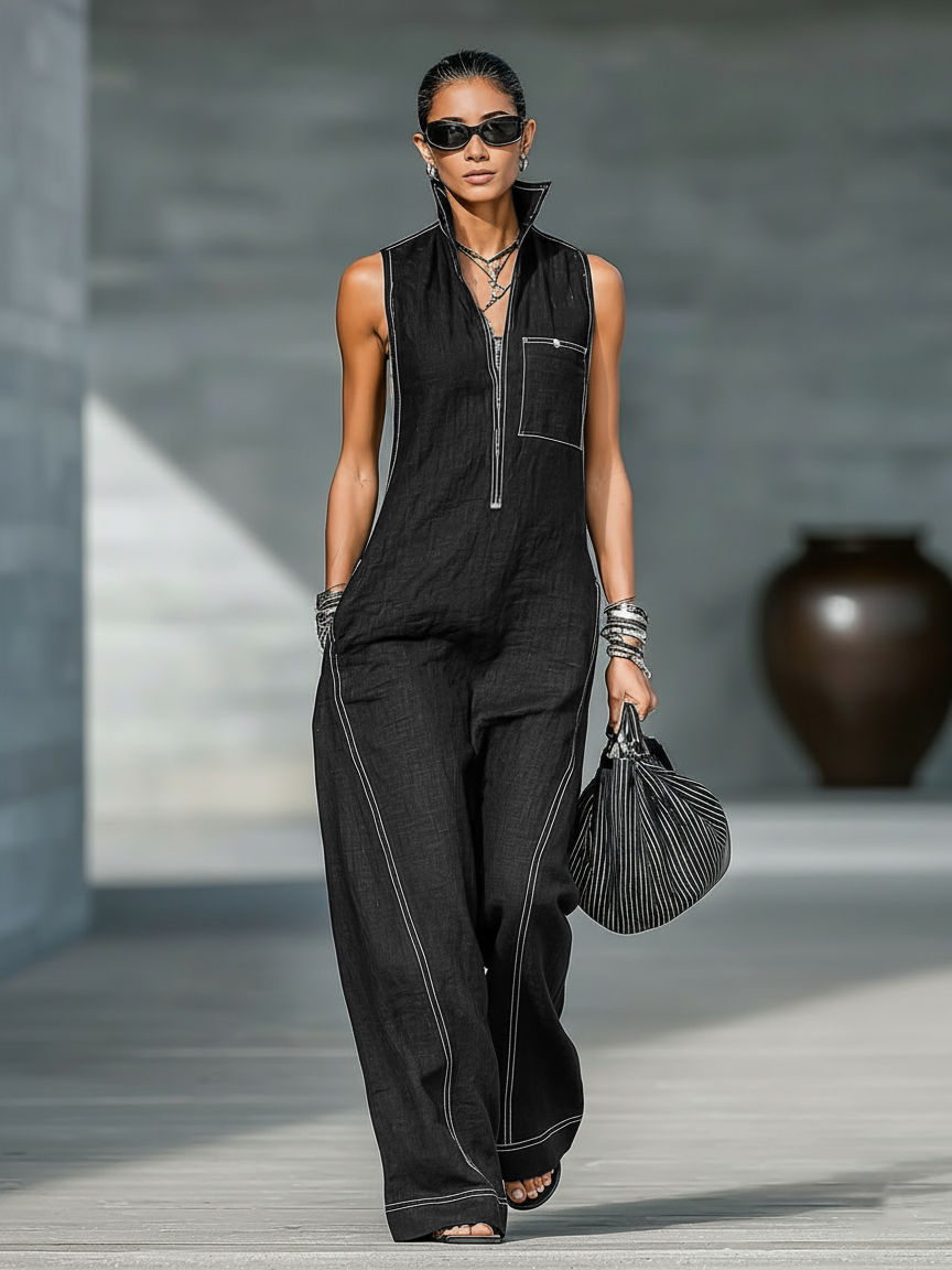 Mona™ | Mouwloze jumpsuit met witte zoom