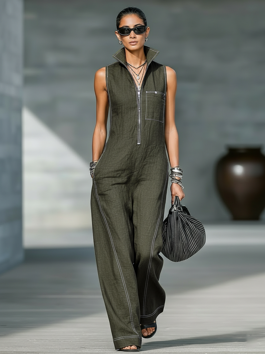Mona™ | Mouwloze jumpsuit met witte zoom