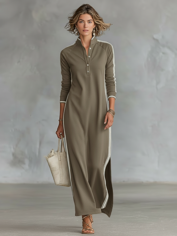 Lora™ | Lange sweatjurk met knoopdetail en kraag
