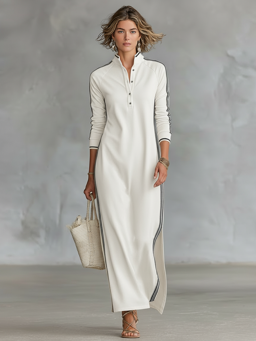 Lora™ | Lange sweatjurk met knoopdetail en kraag