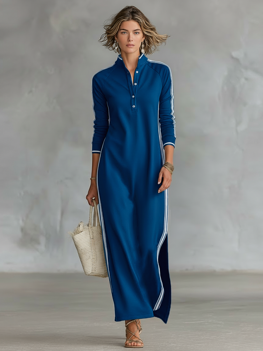 Lora™ | Lange sweatjurk met knoopdetail en kraag