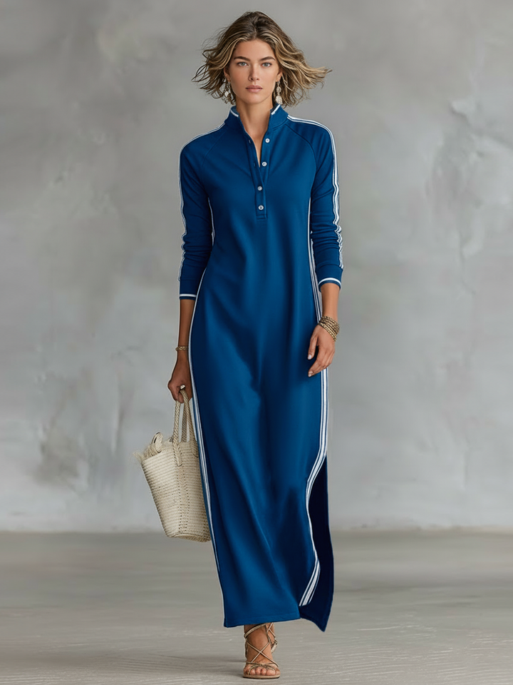Lora™ | Lange sweatjurk met knoopdetail en kraag