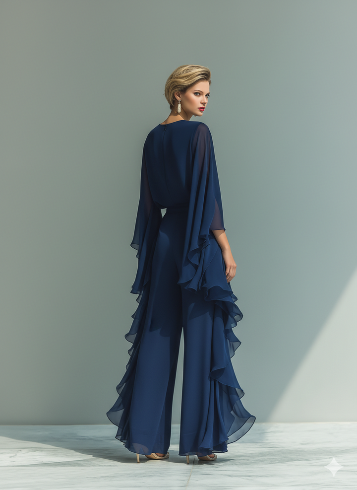 Sera™ | Marineblauwe Chiffon Set met Ruches