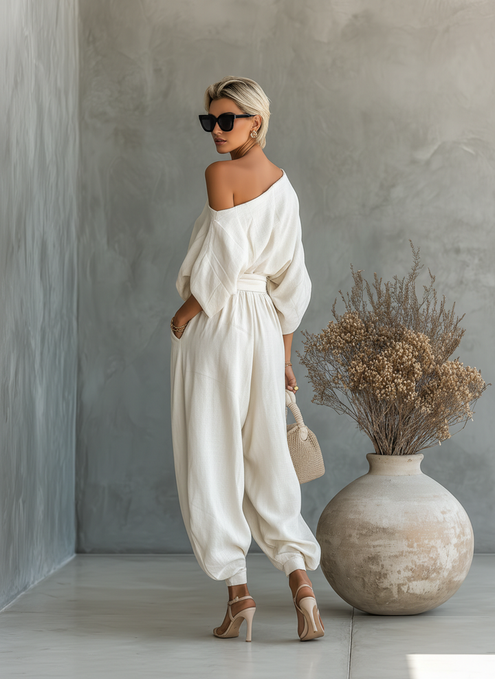 Tessa™ | Off-Shoulder Linnen Set met Tapered Broek