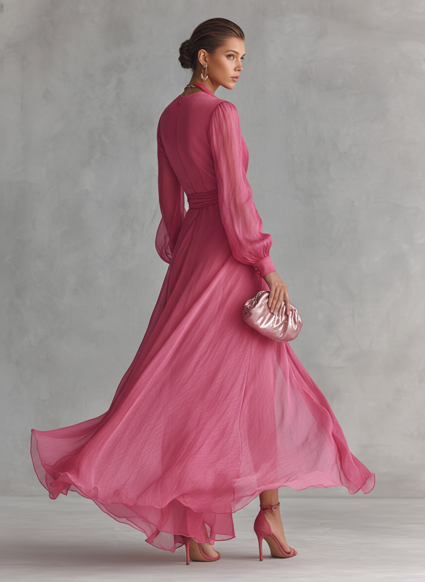 Riva™ | Roze chiffonjurk met V-hals