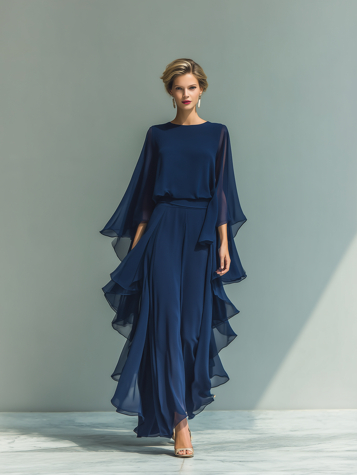 Sera™ | Marineblauwe Chiffon Set met Ruches