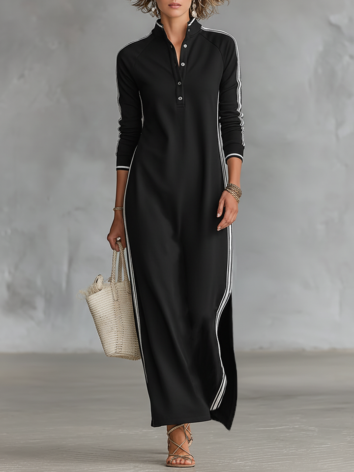Lora™ | Lange sweatjurk met knoopdetail en kraag