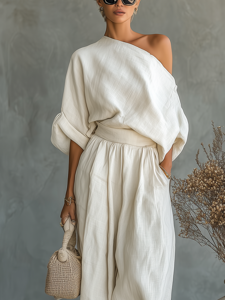 Tessa™ | Off-Shoulder Linnen Set met Tapered Broek