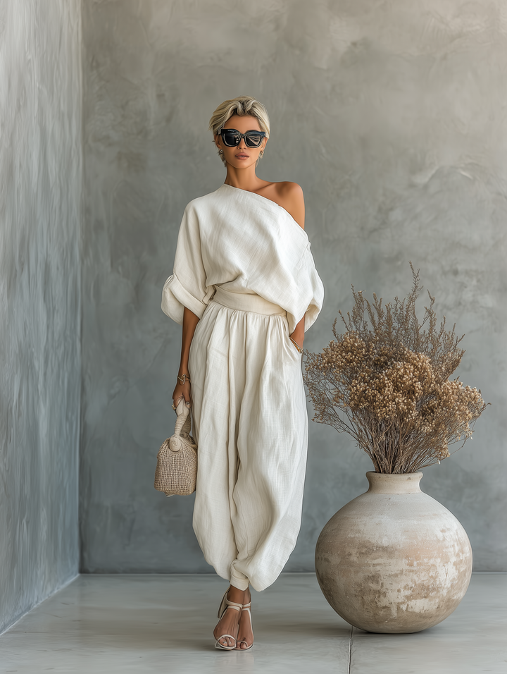 Tessa™ | Off-Shoulder Linnen Set met Tapered Broek